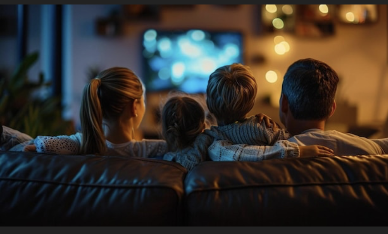 Family sitting together on a couch watching TV with a support technician theme