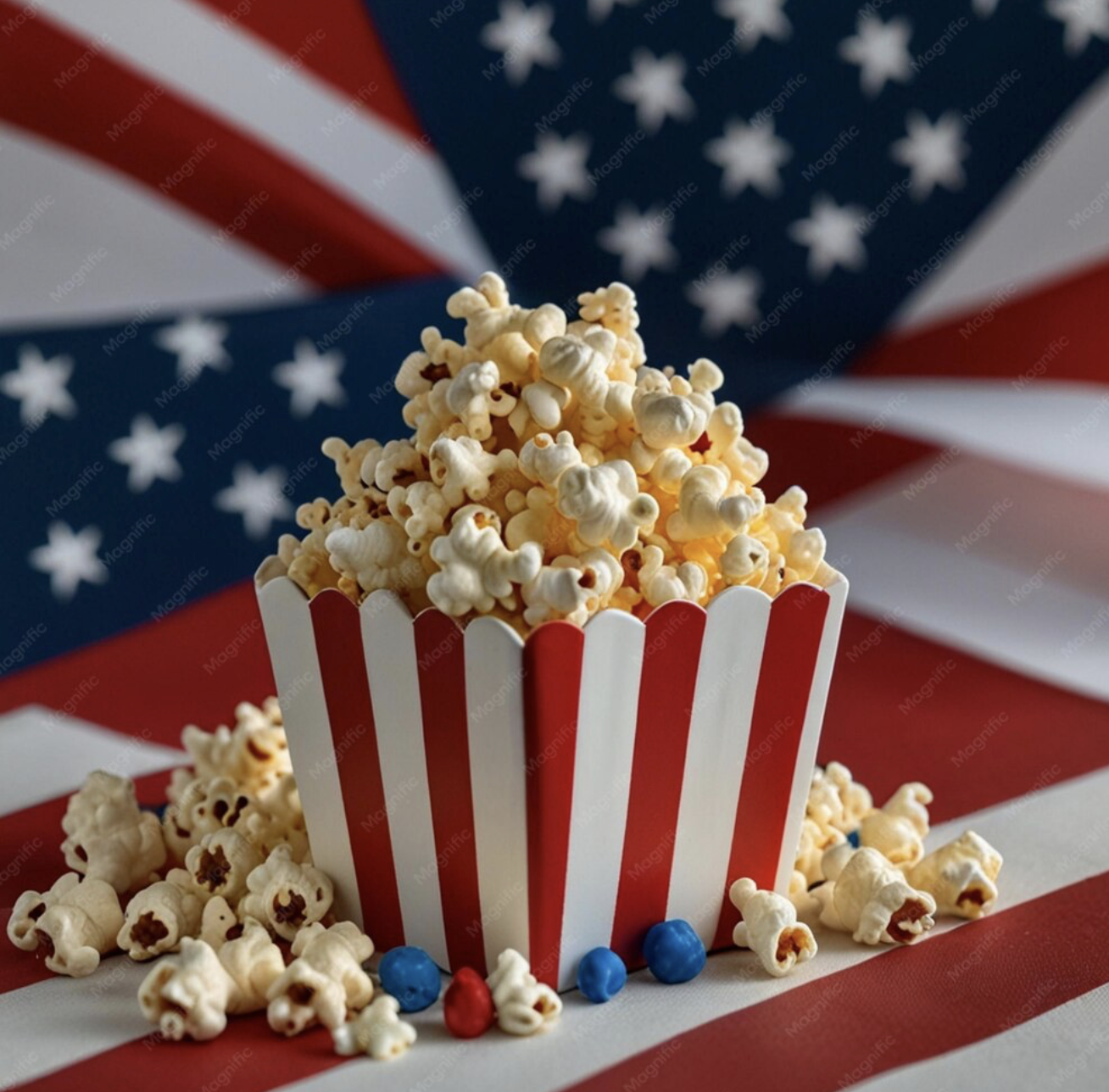 Popcorn in a red and white striped tub with an American flag in the background